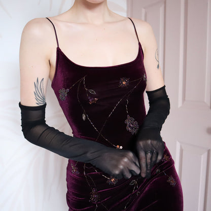 Dark purple velvet stretch beaded evening dress UK 12