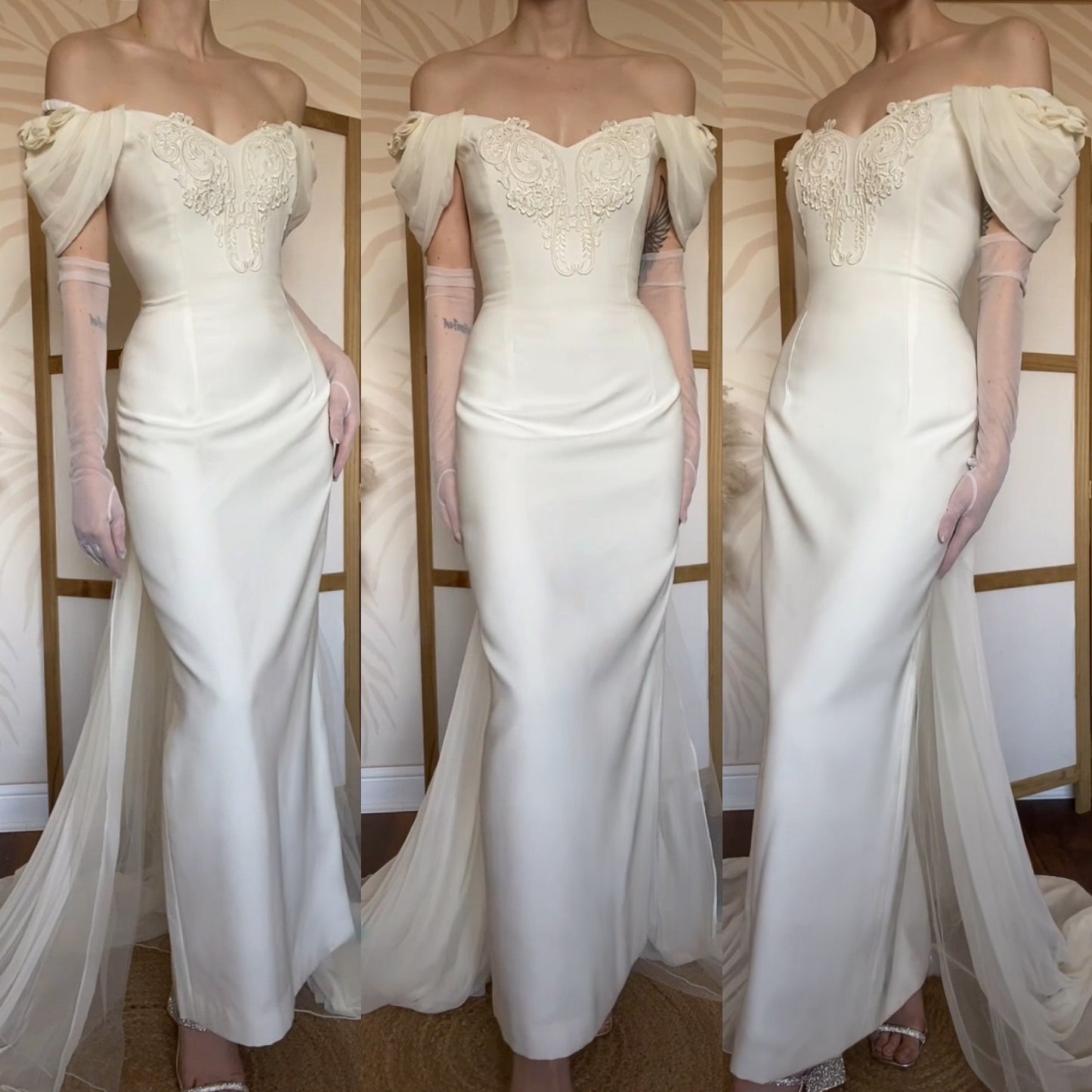 Ivory off shoulder wedding dress with detachable train uk 14