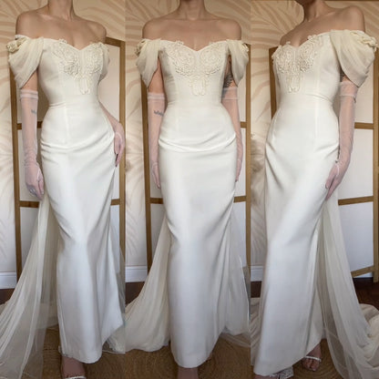 Ivory off shoulder wedding dress with detachable train uk 14