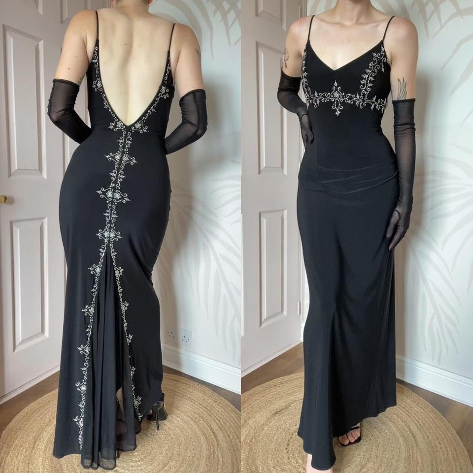 Black stretch Flori 90s beaded evening dress uk 10