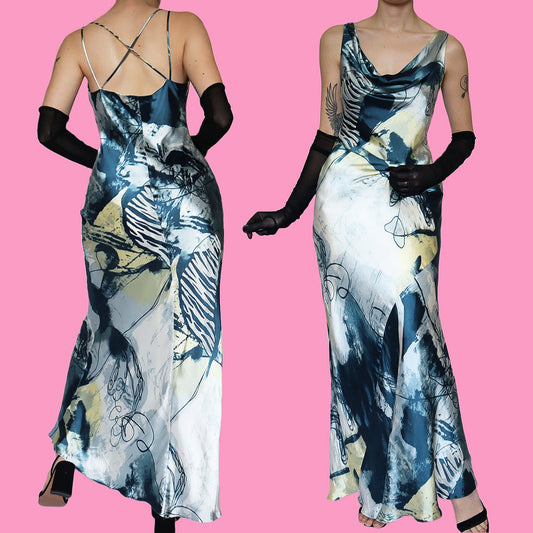 Silk blend print evening slip dress UK 12