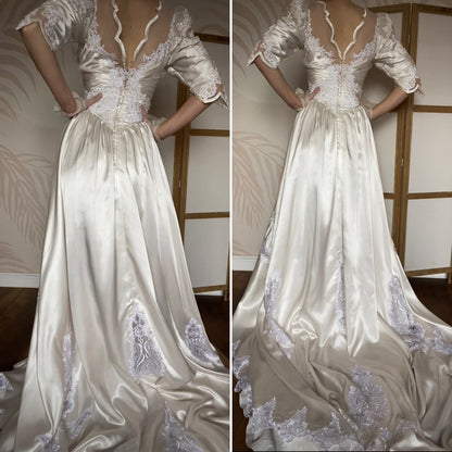 Ivory satin 80s lace & pearl wedding dress UK 12