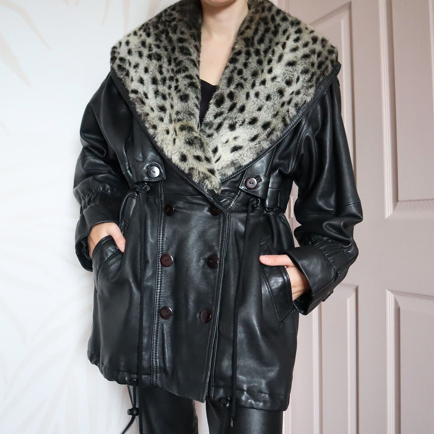 Black real leather faux fur coat UK 12