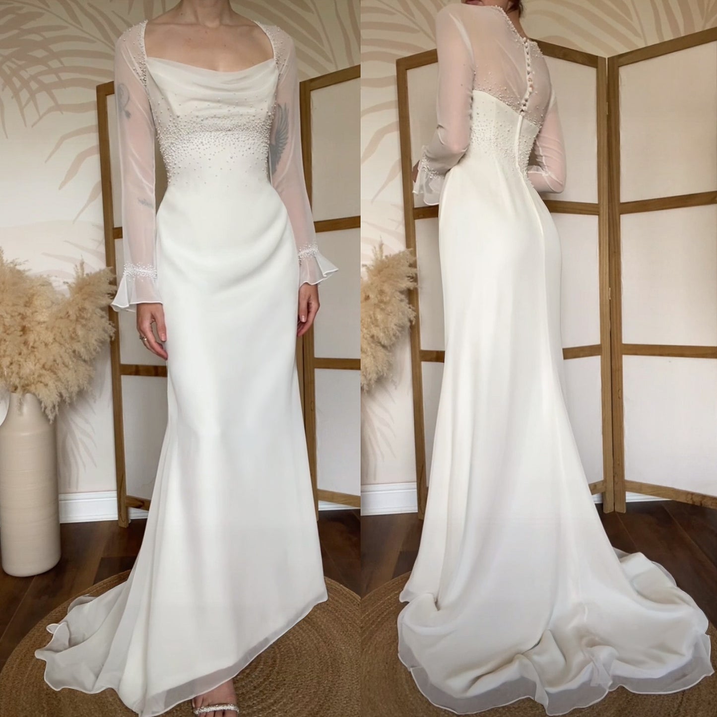 D’zage ivory long sleeve pearl wedding dress uk 12-14