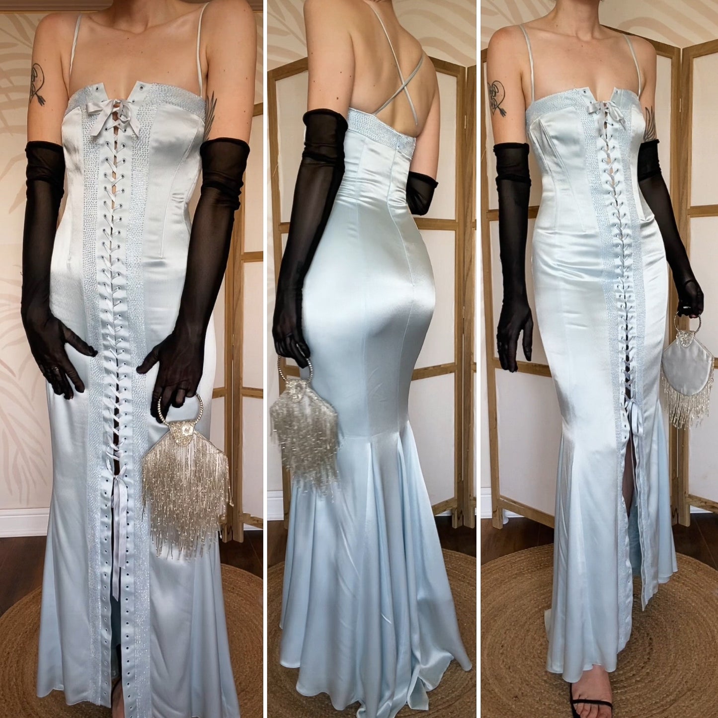 Ice blue beaded lace up evening dress uk 12