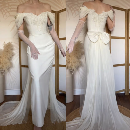Ivory off shoulder wedding dress with detachable train uk 14