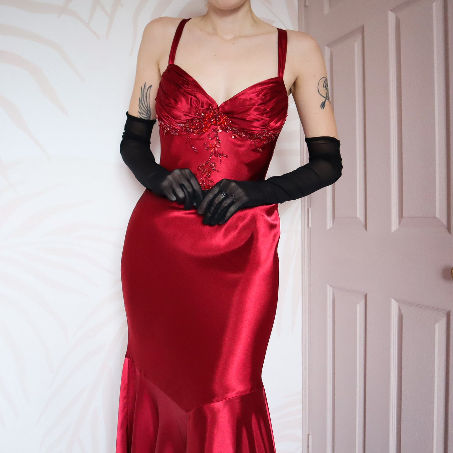 Red satin fishtail evening gown UK 10