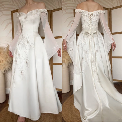 Dreamy off shoulder ivory long sleeve vintage wedding dress uk 12-14