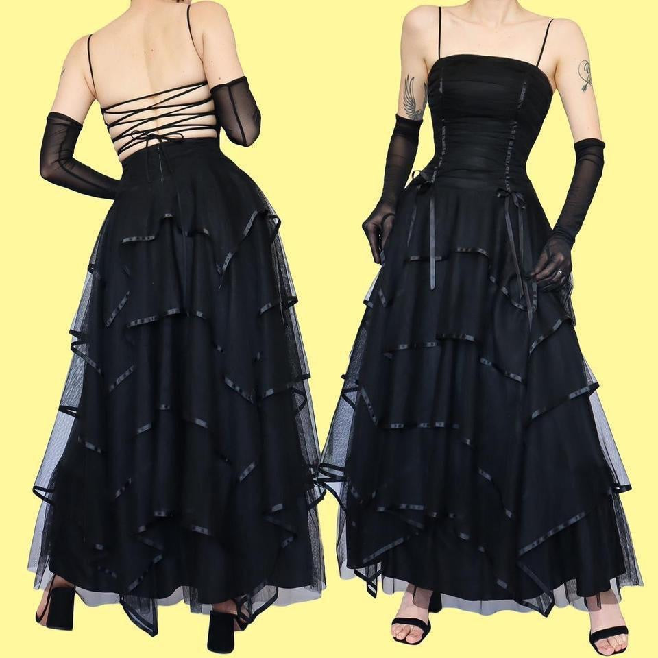 Black layered tulle evening gown UK 8