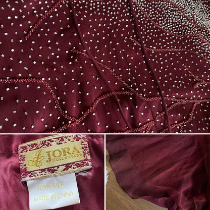 Burgundy vintage 100% silk beaded evening dress uk 14