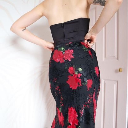 Black silk blend floral midi skirt UK 10