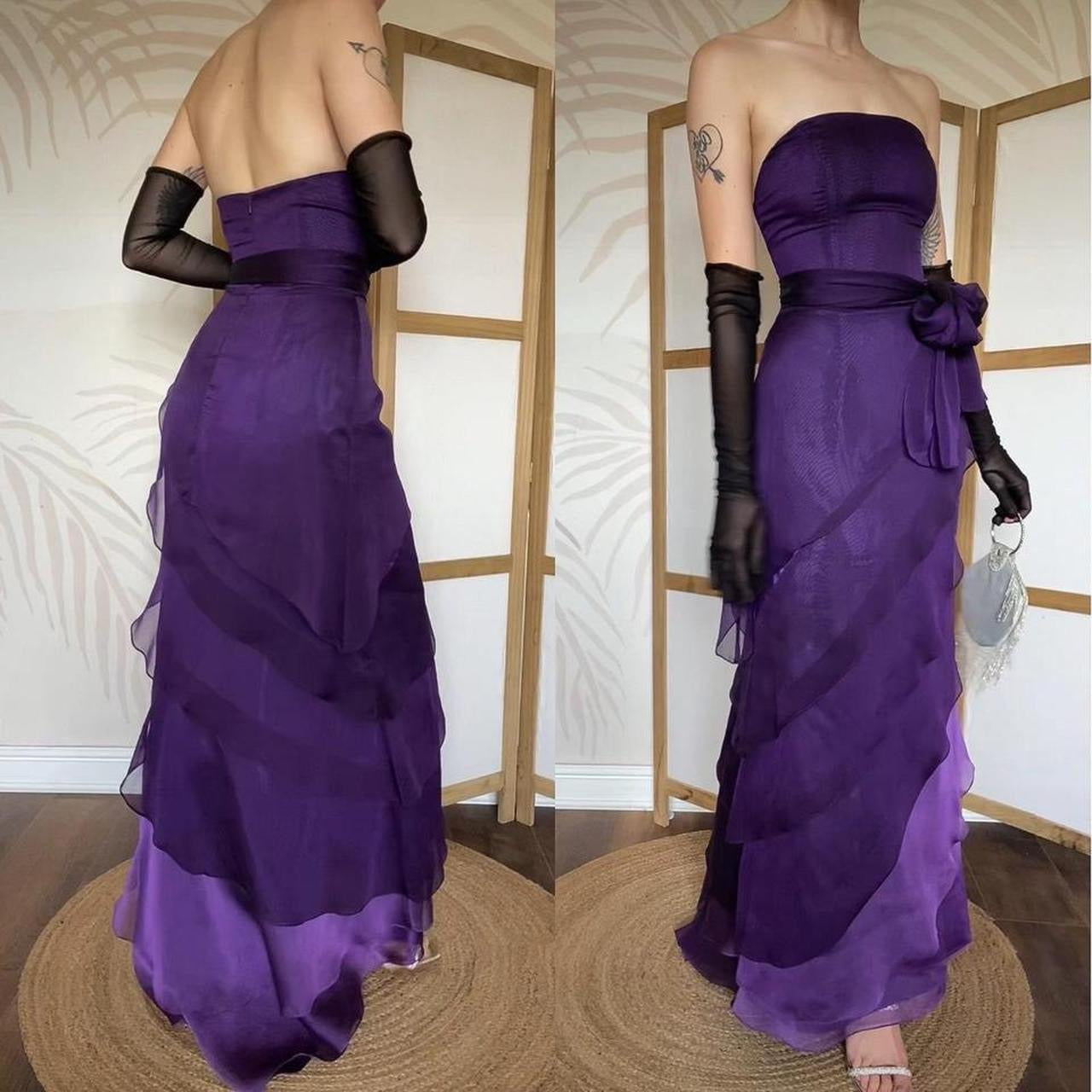 Purple Niki Livas strapless layered gown uk 12