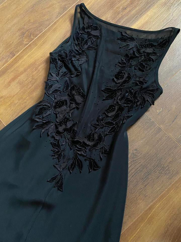 Black sheer back floral detail evening dress uk 8