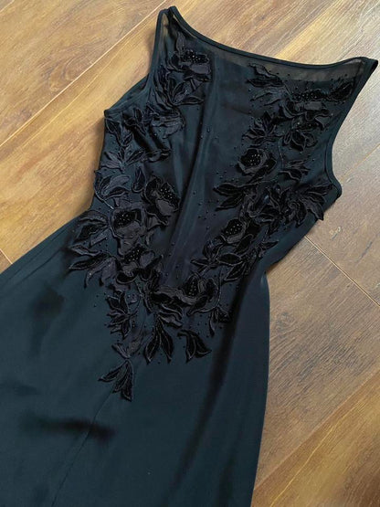 Black sheer back floral detail evening dress uk 8