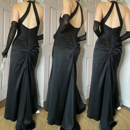 Flori silky black fishtail evening dress uk 8