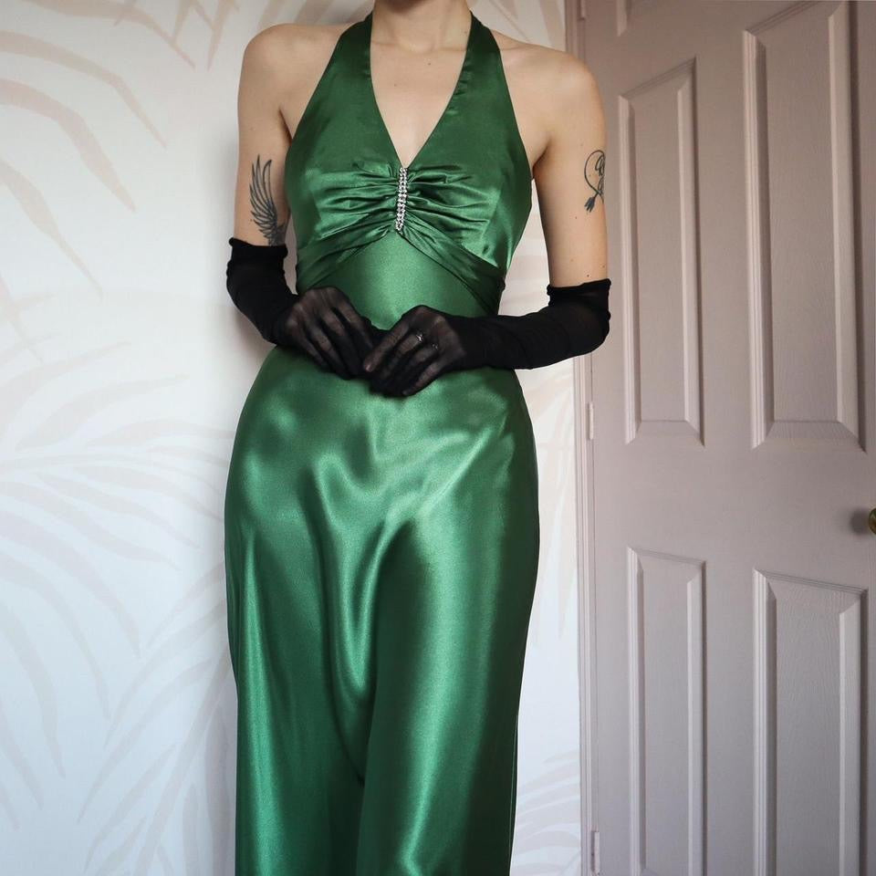 Green satin open back evening gown UK 10