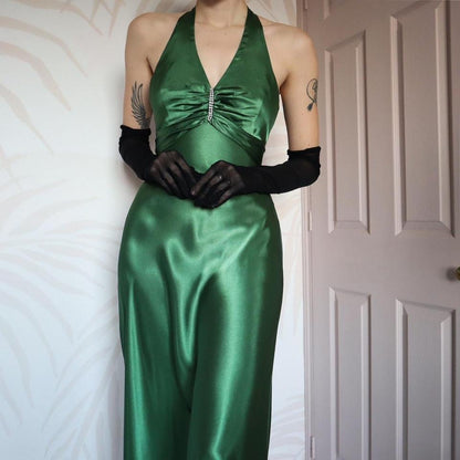 Green satin open back evening gown UK 10