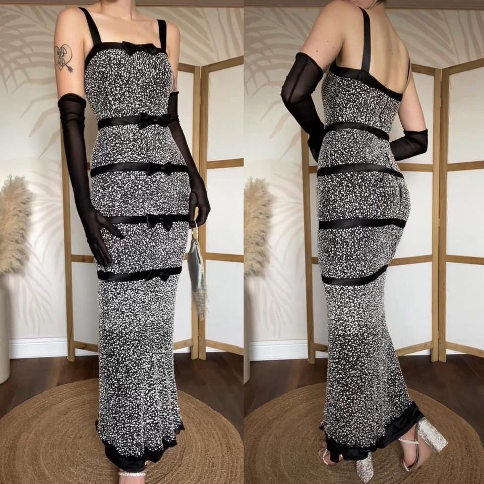 Sousourada 100% silk black & white beaded evening dress uk 6-8