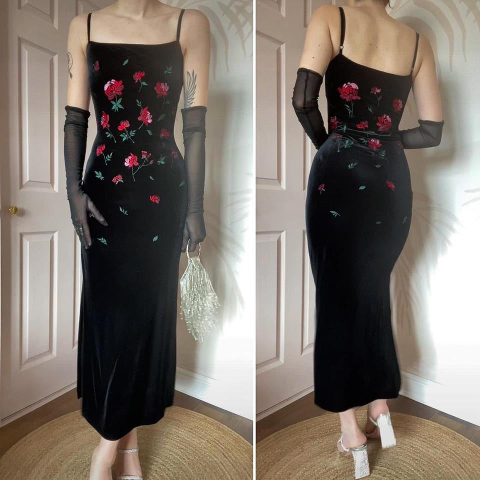 Monsoon black velvet stretch evening dress UK 12-14