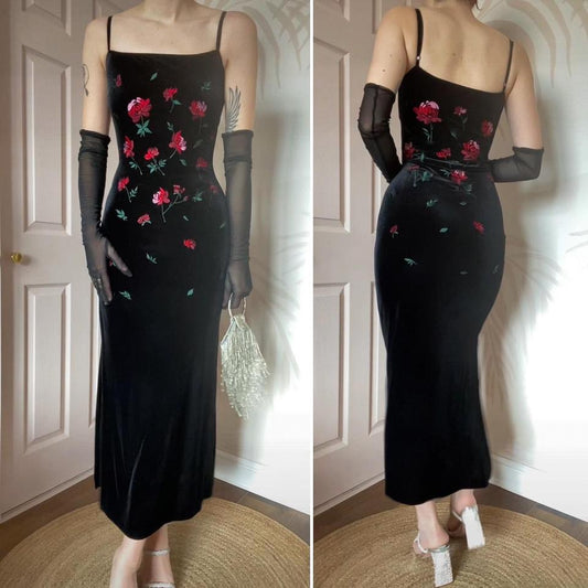 Monsoon black velvet stretch evening dress UK 12-14