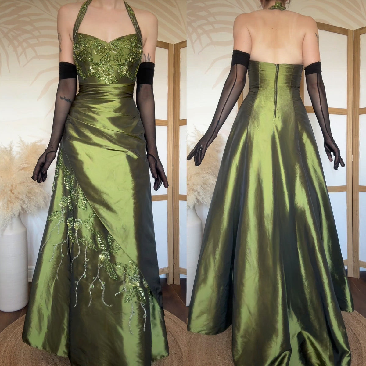 Green taffeta halter-neck a line beaded prom dress uk 12