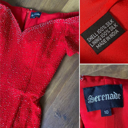 Red 100% silk beaded off the shoulder gown & shawl uk 10