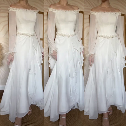 White petite off shoulder long sleeve vintage wedding dress uk 14