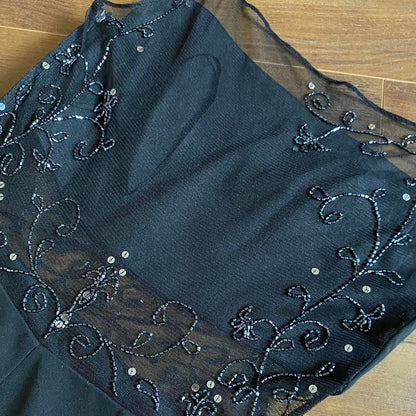Black beaded 90s vintage sheer back evening dress UK 14