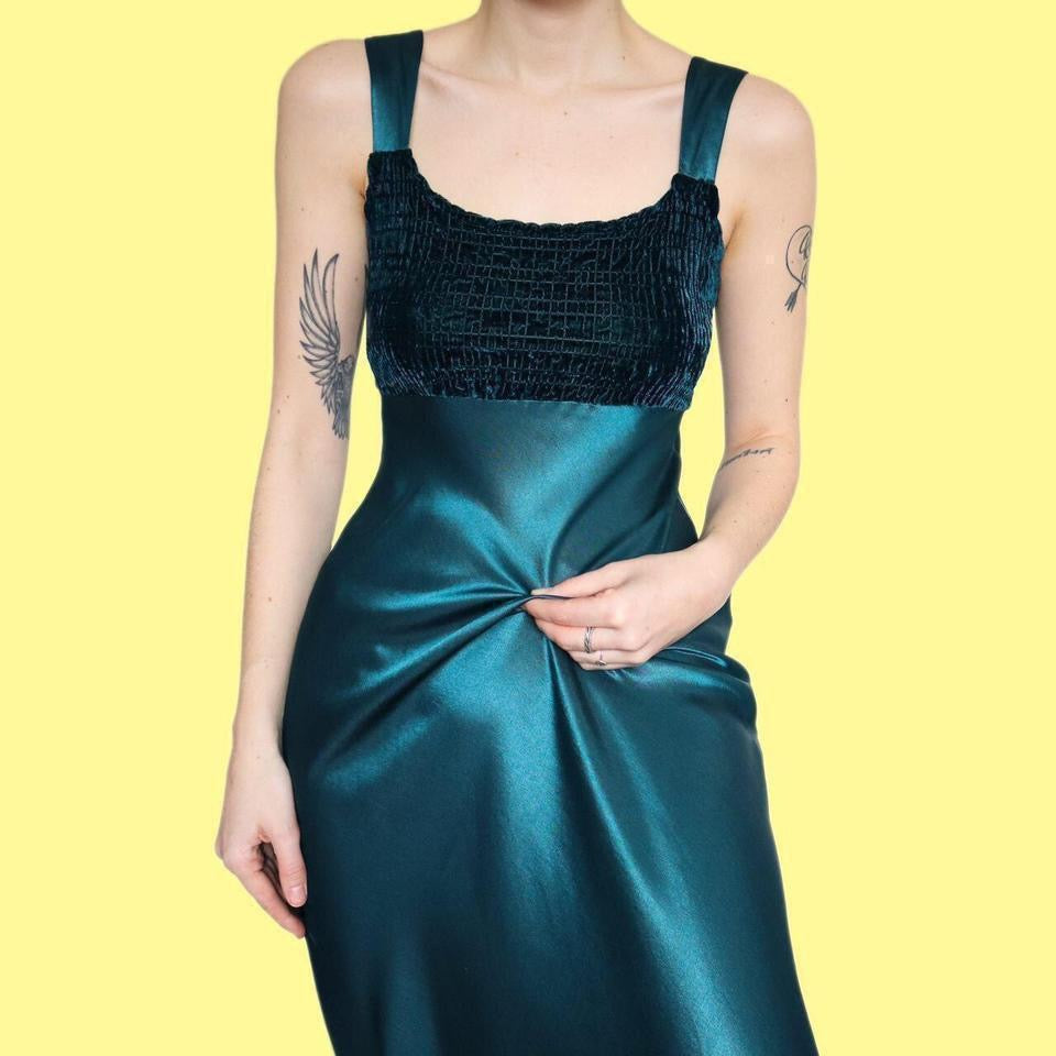 Teal Charlotte Halton 90s satin slip dress UK 12