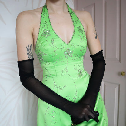 Morgan & Co green beaded halter neck evening gown UK 14