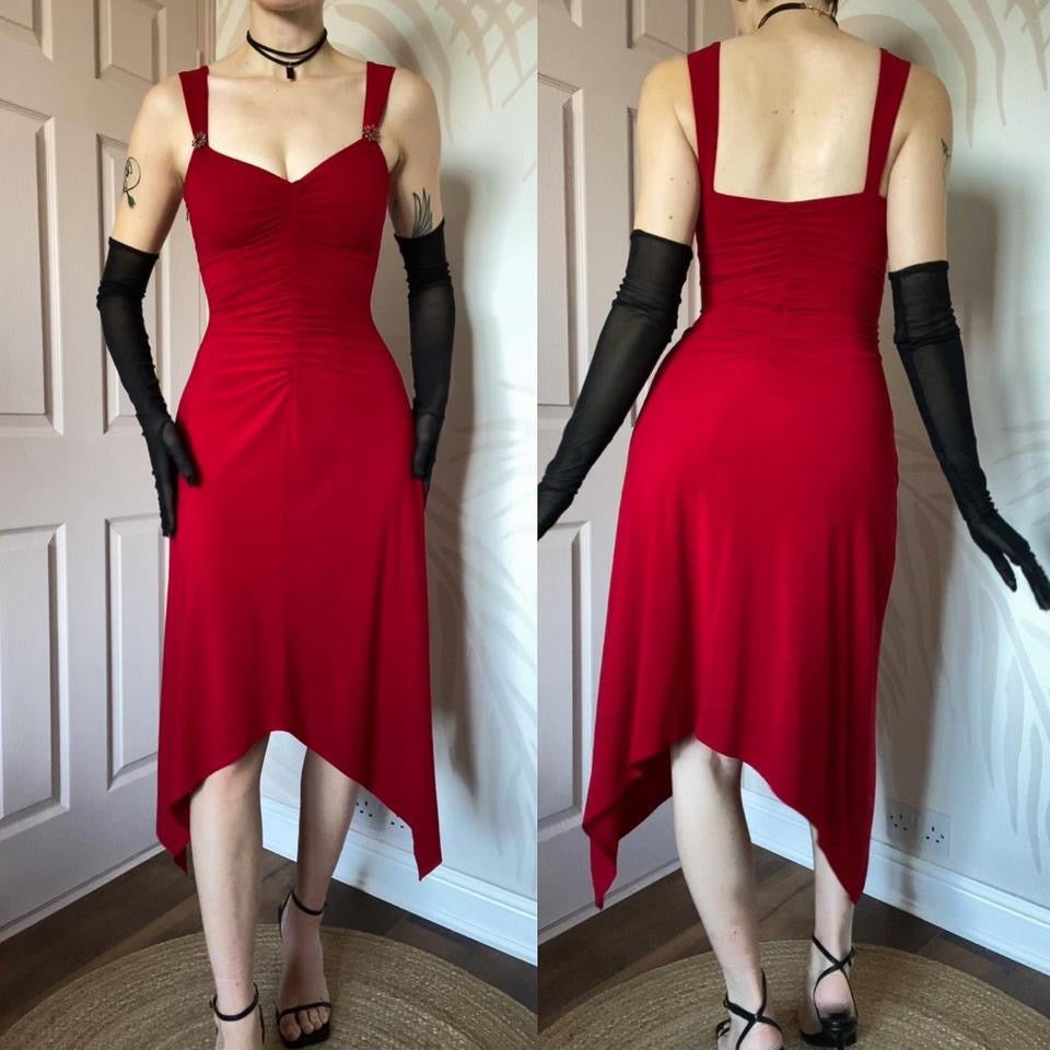 Red stretch midi evening dress UK 8-10