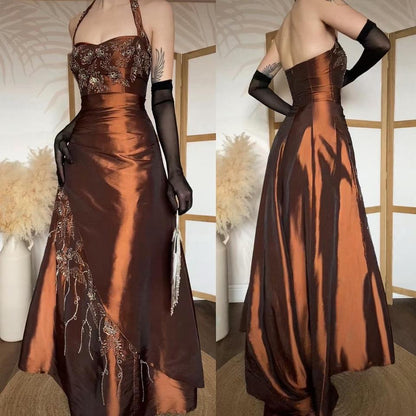 Warm brown halterneck a line beaded prom dress uk 8-10