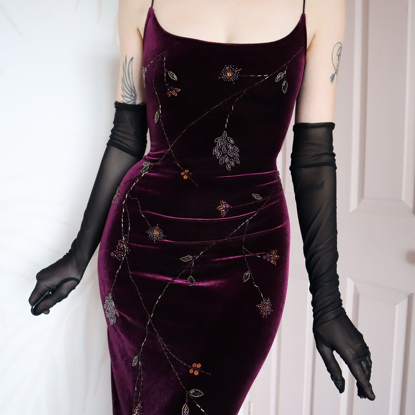 Dark purple velvet stretch beaded evening dress UK 12
