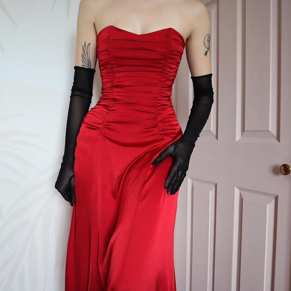 Red strapless lace up back evening gown UK 10