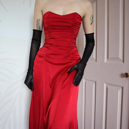 Red strapless lace up back evening gown UK 10