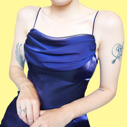 Silky blue evening dress with trail UK 12