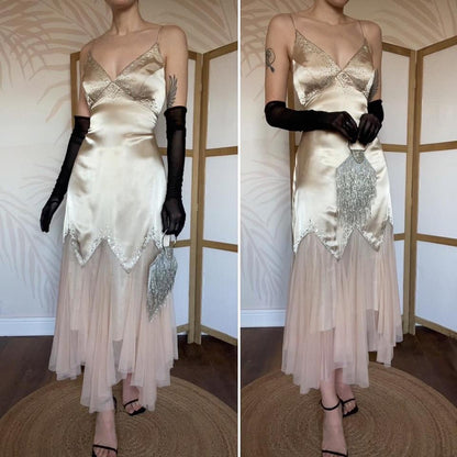 Dave & Johnny gold beaded evening dress UK 12