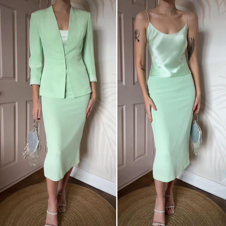 Pale green Dusk 3-piece skirt suit UK 8