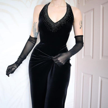Black velvet 90s beaded evening gown UK 8