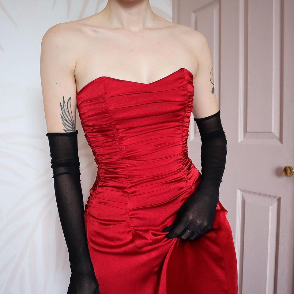 Red strapless lace up back evening gown UK 10