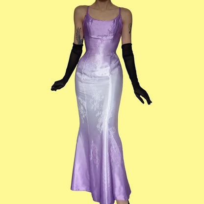 YVE London purple satin beaded fishtail evening gown UK 10