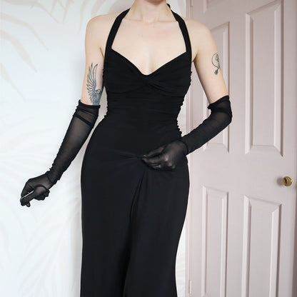 Black stretch open back evening gown UK 14