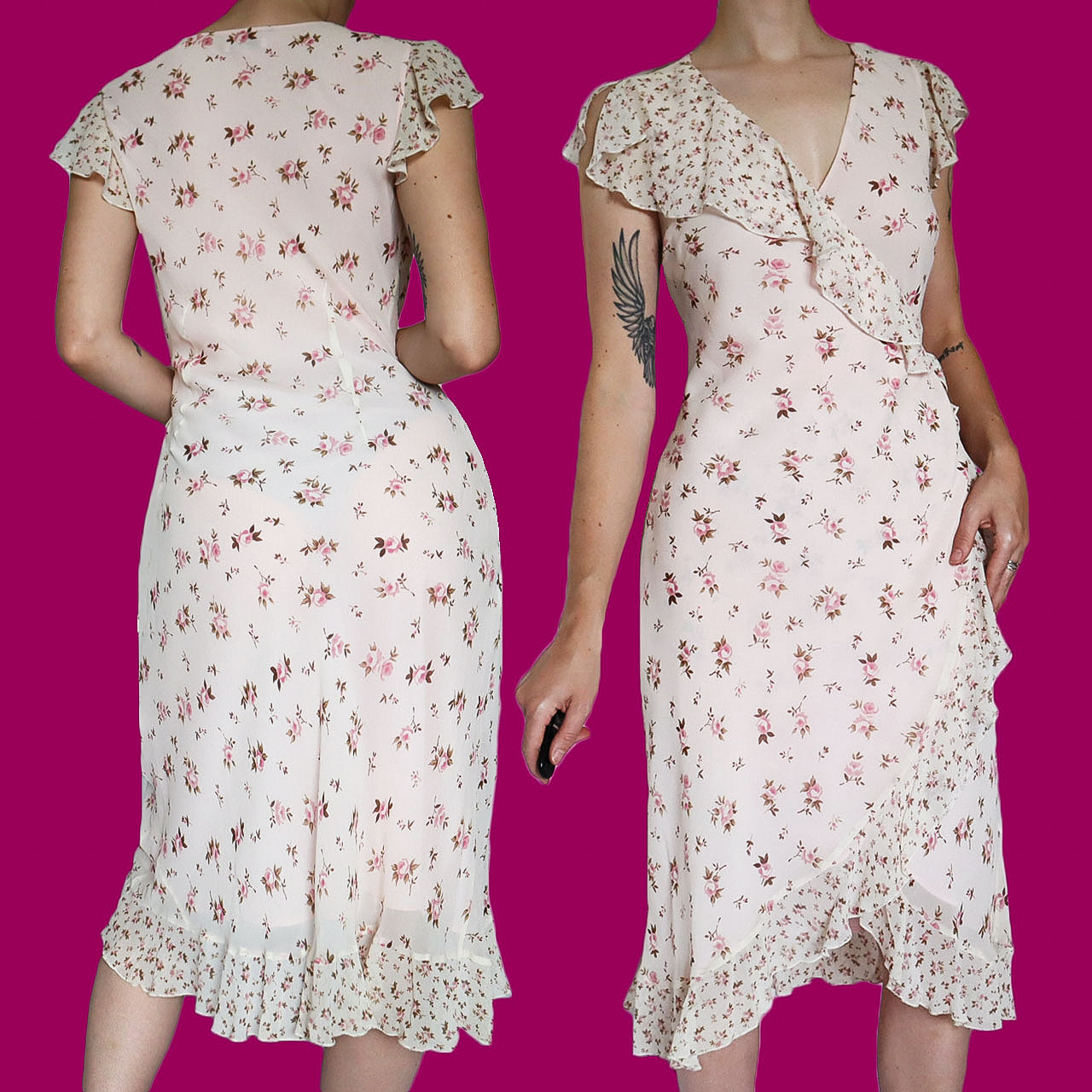 100% silk pink floral frilly wrap dress UK 12