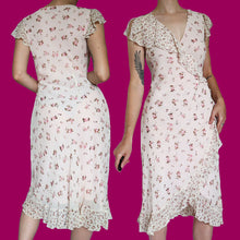 Load image into Gallery viewer, 100% silk pink floral frilly wrap dress UK 12
