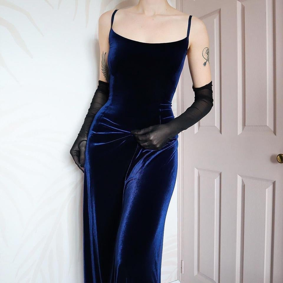Gina Bacconi navy velvet stretch evening dress UK 12-14