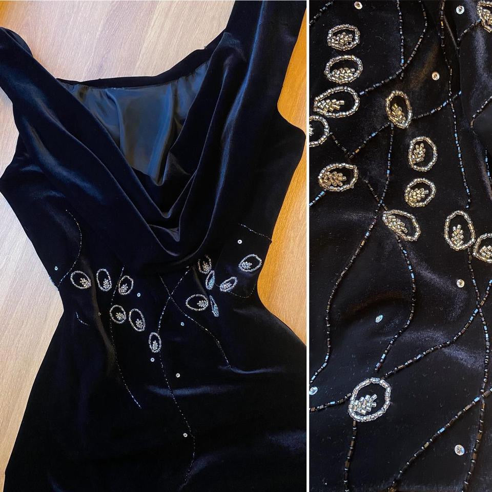 Black Christine Elizabeth velvet beaded evening dress uk 8