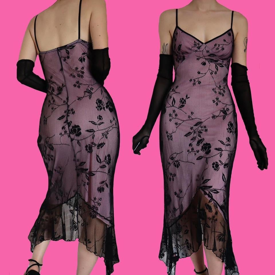 Pink & black lace Etam midi dress UK 14