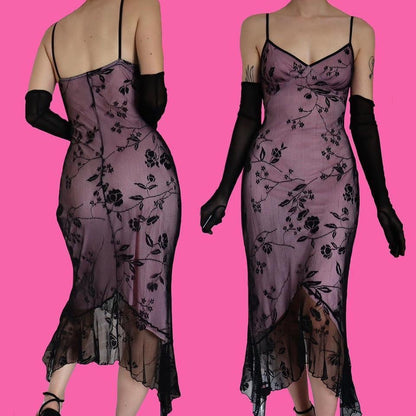 Pink & black lace Etam midi dress UK 14