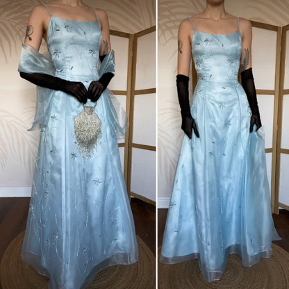 Light blue a-line organza beaded prom dress & shawl UK 12