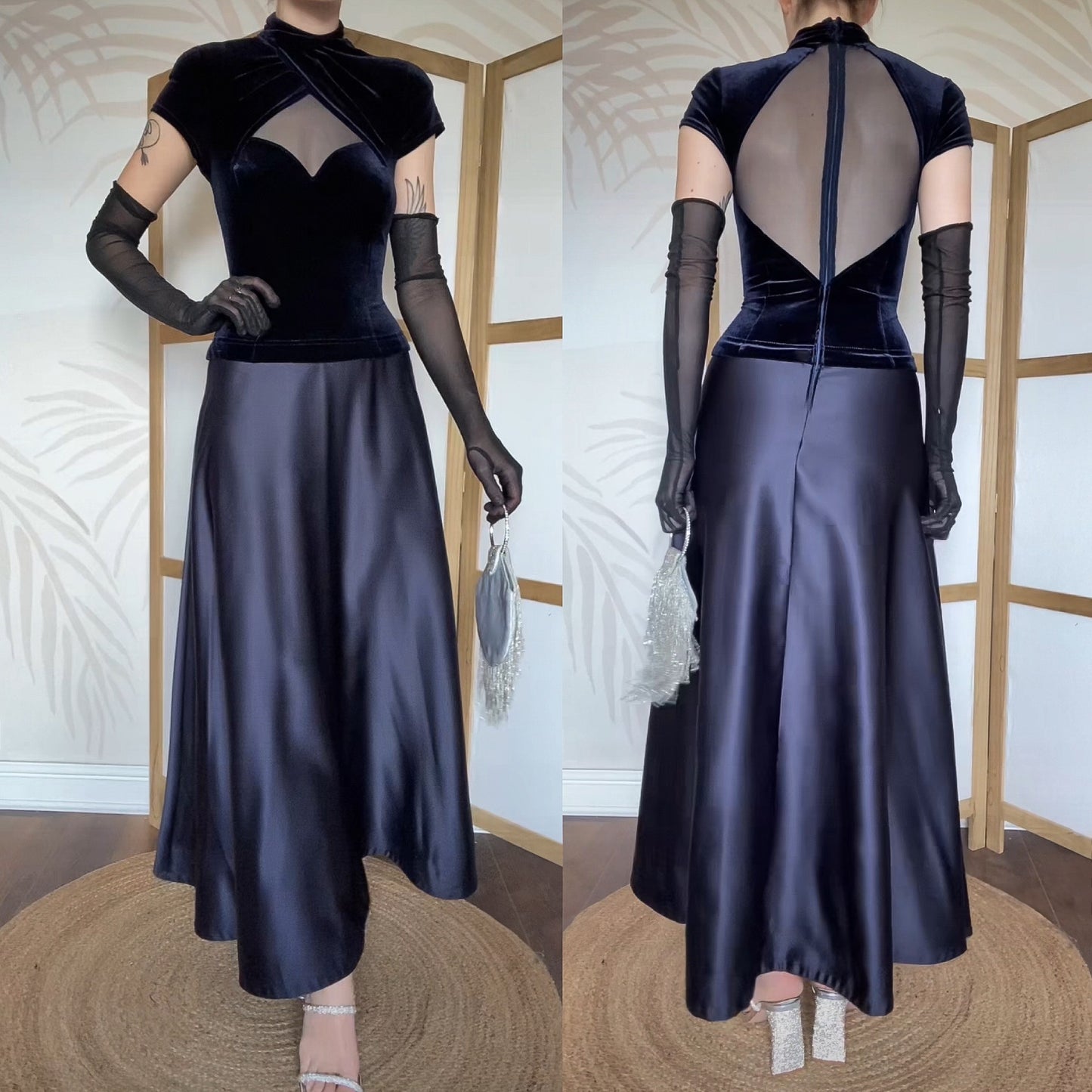 Tadashi navy high neck a-line evening dress uk 10